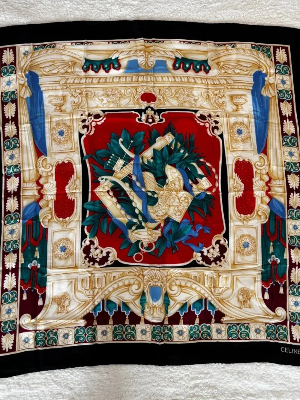 Celine Vintage Black Silk Scarf Ancient Theater Lyre Pattern Large Square